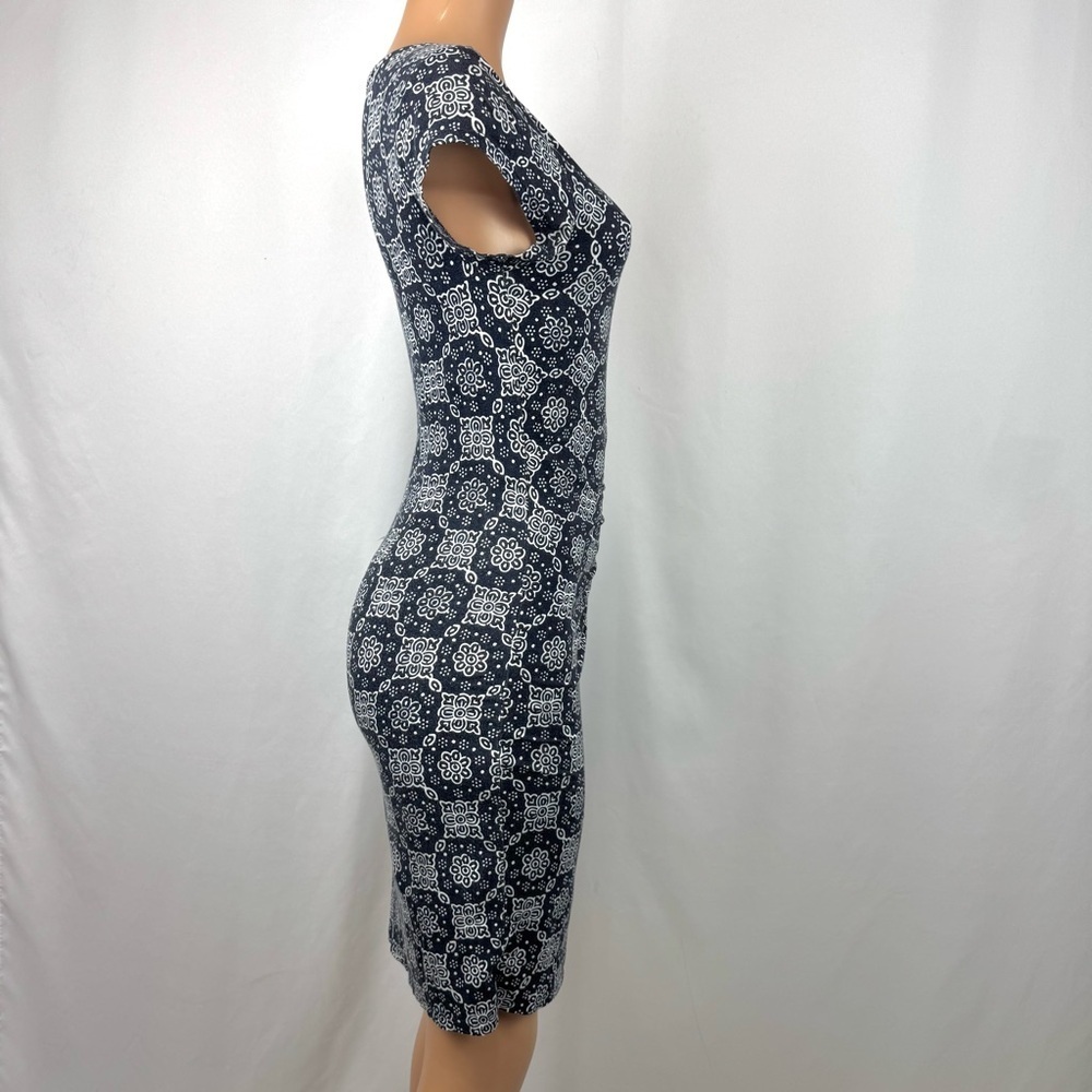 Loft Short Sleeve Side Tie Dress Women's XS Lined Stretch Navy Geometric Print - Picture 7 of 12